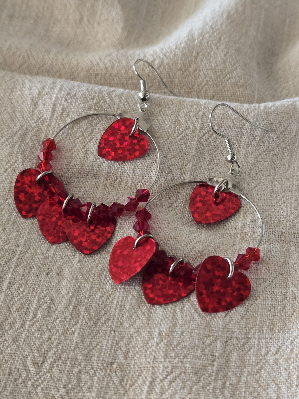 Red Holographic Hearts, Hoop Dangle Earrings
